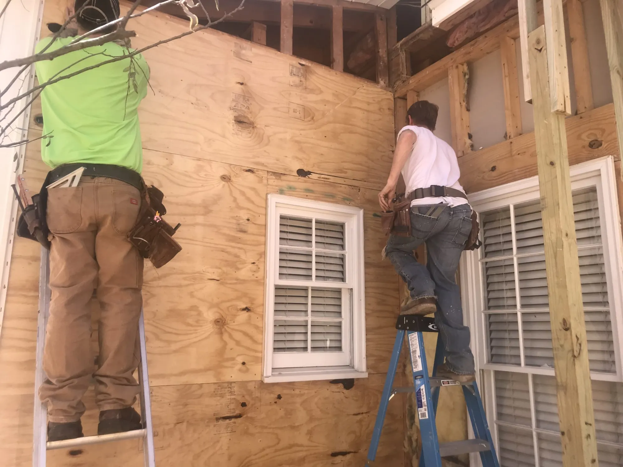 Two carpenters on ladders working on the outside wall of a house